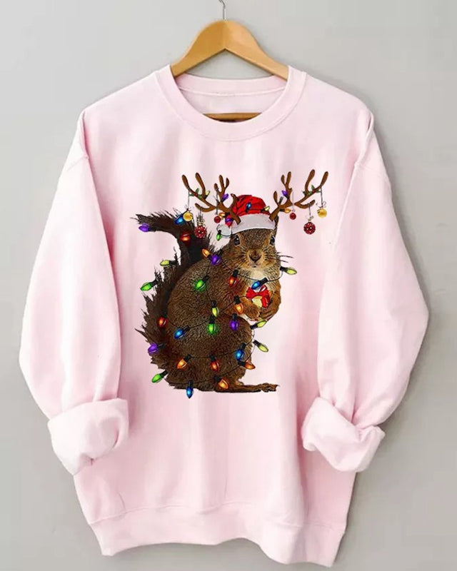 Christmas Squirrel Lights Print Casual Sweatshirt