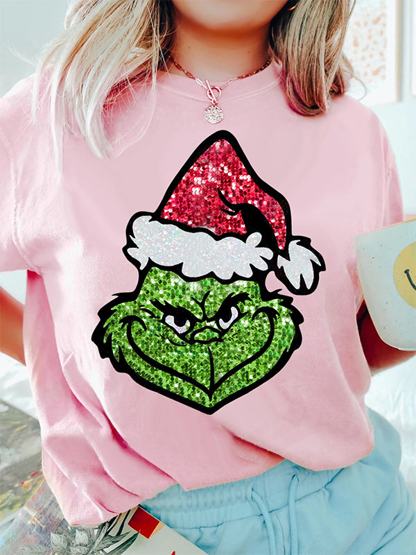 Sequin Christmas Face Print T-shirt