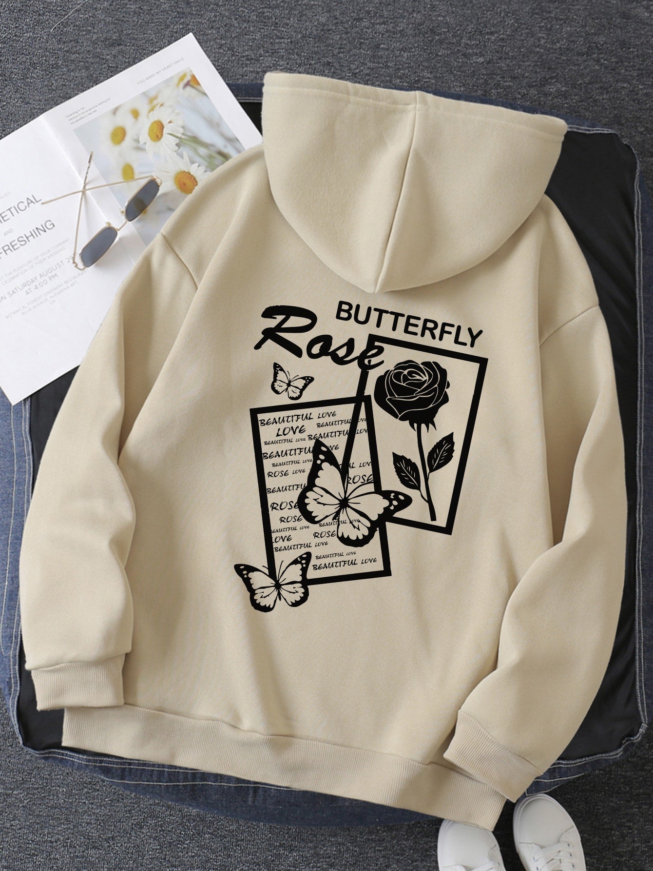 Floral And Letter Graphic Drawstring Hoodie