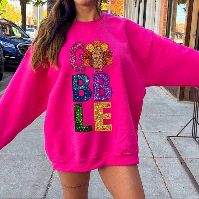 Gobble Glitter Thanksgiving Print Sweatshirt