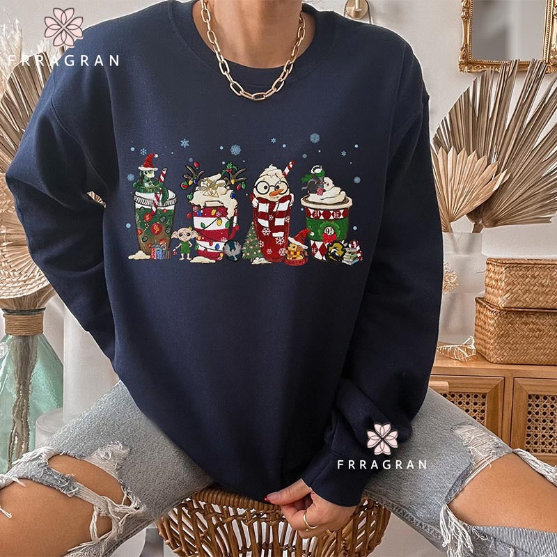 HP Christmas Coffee Print Casual Sweatshirt